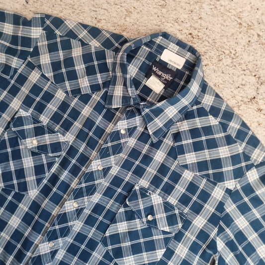 Wrangler Vintage Shirt Check Western Short Sleeve Cowboy - Blue - Size XL