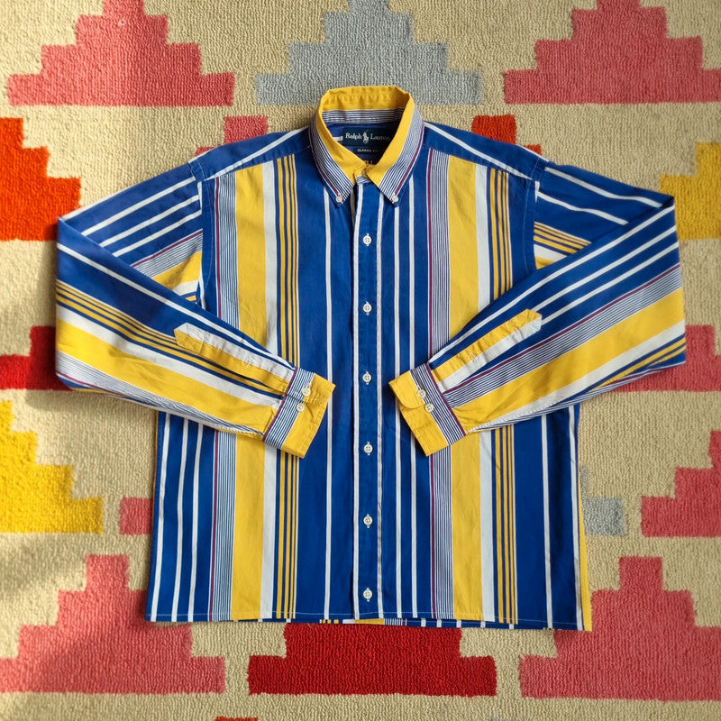 Vintage Ralph Lauren Boxy Fit Cropped Shirt Long Sleeve Small striped Blue Button Up Skater Y2K Surf