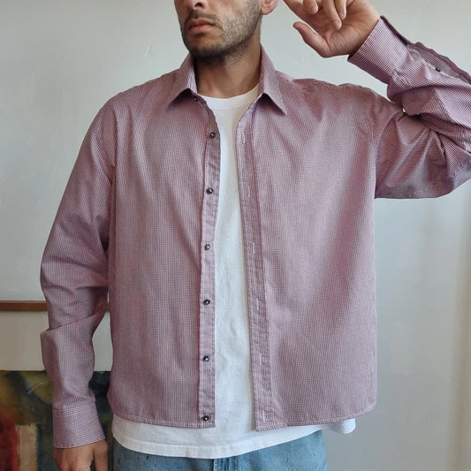 Vintage Joop Boxy Fit Cropped Shirt Long Sleeve large check Red Button Up Skater Y2K Surf