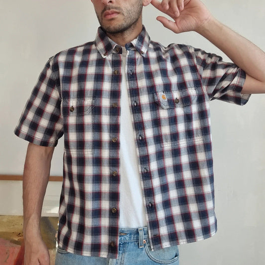 Vintage Carhartt Boxy Fit Cropped Shirt Short Sleeve Medium check blue Button Up Skater Y2K Surf