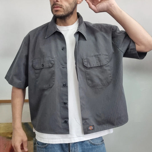 Vintage Dickies Boxy Fit Cropped Shirt Short Sleeve XL plain grey Button Up Skater Y2K Surf