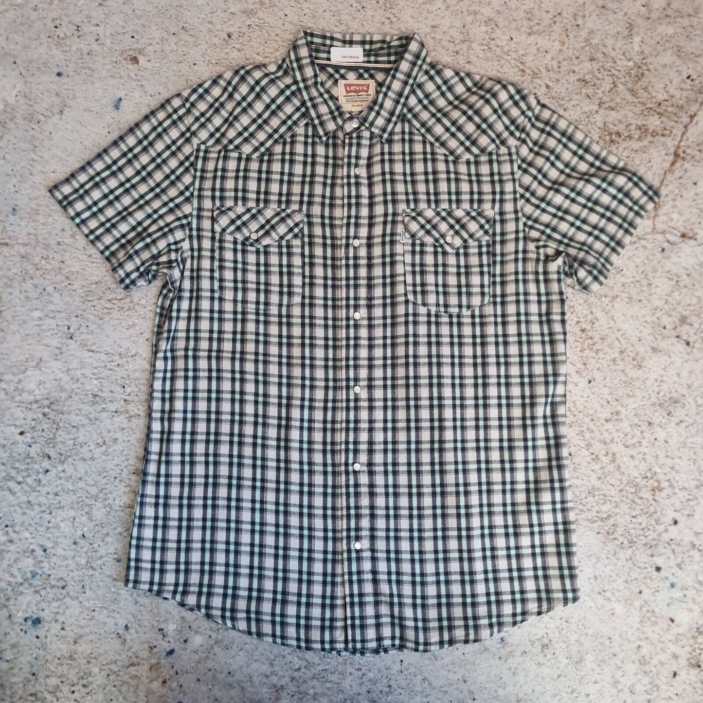 Levis Shirt Western Style Check popper Buttons Short Sleeve - Green - Size XL