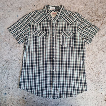 Levis Shirt Western Style Check popper Buttons Short Sleeve - Green - Size XL